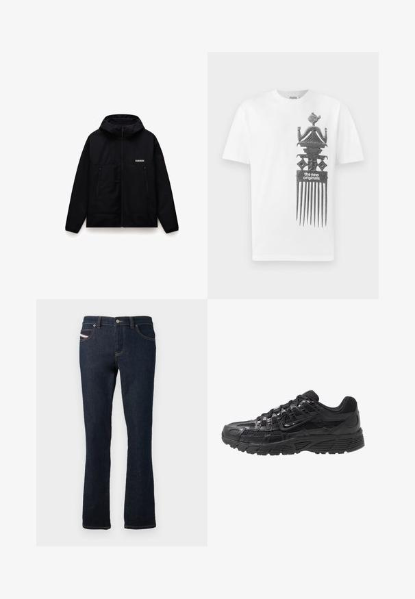 Čierna mikina na zips s kapucňou, má hladký povrch, dve predné vrecká a logo na hrudi. Prispôsobiteľný strih s elegantným dizajnom.; Biele bavlnené tričko s čiernym grafickým dizajnom postavy nad veľkým hrebeňom. Dizajn obsahuje zložitú štruktúru a text.; Námornícky modré džínsy s rovnou siluetou, so žltou nitkou, kovovým gombíkom na zapínanie a malým logom na zadnej vrecku.; Čierna atletická obuv s meshovým a syntetickým zvrškom, textúrovaným povrchom, viazaním na šnúrky a vzorovanou gumovou podrážkou pre lepšiu trakciu.
