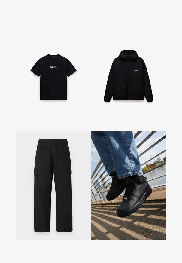 Sort zip-up jakke med hætte, har en glat tekstur, to frontlommer og et logo på brystet. Justerbar pasform med et slankt design.; Sort bomulds T-shirt med rund hals, korte ærmer og hvidt stiliseret tekstlogo på brystet. Glat tekstur, afslappet pasform.; Sorte cargobukser med elastisk talje, der har to sidelommer samt et løst design med lige ben. Fremstillet af et letvægtsmateriale.; Sorte Nike Air Force 1 sneakers med læderoverdel, mesh-tunge og gummisål, der har et høj-top design og tykke snørebånd.