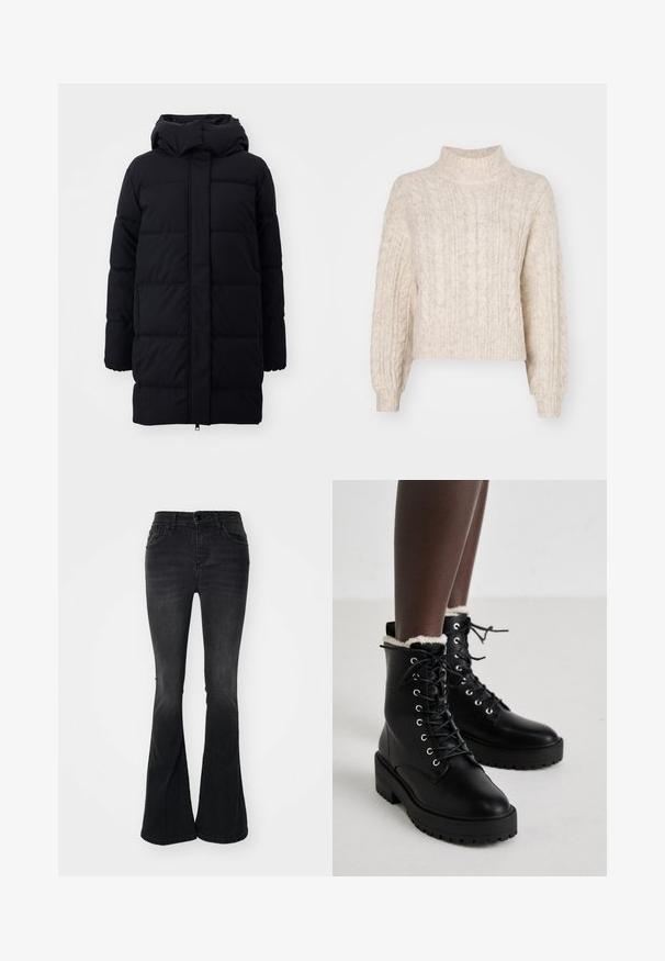 Schwarze Puffjacke mit Kapuze, verfügt über eine glatte Textur, gestepptes Design und einen Frontreißverschluss. Fällt bis zur Mitte des Oberschenkels.; Cremfarbener, kürzer geschnittener Pullover mit hohem Kragen, der ein strukturiertes Zopfmuster und lange, leicht puffige Ärmel aufweist.; Schwarze, aus Denim gefertigte Schlagjeans mit hoher Taille, vorderen Taschen, einem Knopfverschluss und einem sauberen Saumabschluss.; Schwarze Schnürstiefeletten mit klobigen Sohlen und weißem Fleece-Futter, getragen von einer Person, die auf einem hellen Boden steht.