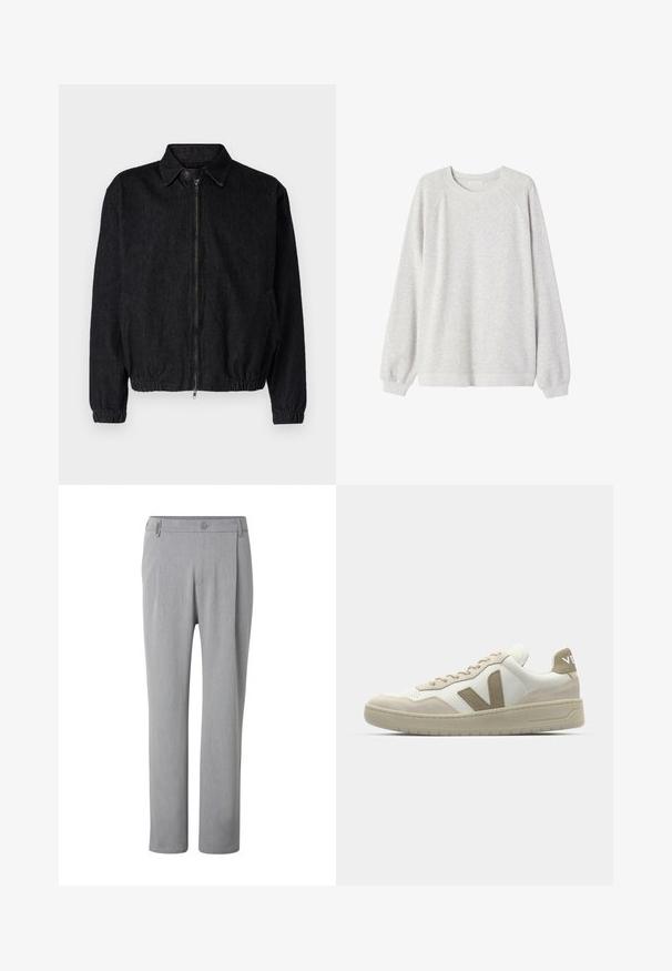 Sort denimjakke med krave, frontlynlås, elastisk kant og manchetter samt sidelommer. Renset design uden synlige logoer.; Lysegrå sweatshirt lavet af blødt stof. Har lange raglanærmer, rund halsudskæring og ribstrikkede manchetter og kant. Simpelt design.; Lysegrå bukser med lige ben, knap og bæltestropper, vist forfra mod en hvid baggrund.; Beige og hvid sneakers med en tekstureret ruskinds- og læderfinish, der har et fremtrædende beige V-logo, flade snørebånd og en polstret sål.