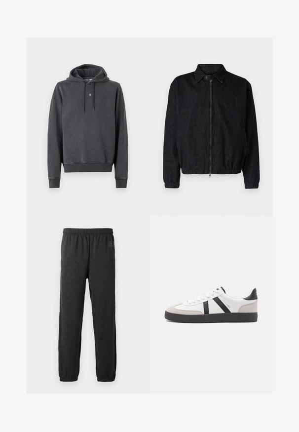 Sort denimjakke med krave, frontlynlås, elastisk kant og manchetter samt sidelommer. Renset design uden synlige logoer.; Hættetrøje i mørkegrå, lavet af blød bomuldsblanding. Har en kængurulomme, ribbede manchetter og et lille logo på brystet.; Grå sweatpants lavet af blødt stof, med elastisk talje og indsnævrede ben med elastiske manchetter. Subtilt logo detalje på det ene ben.; Hvide sneakers med sorte og grå detaljer, med en tekstureret grå tåhætte, sort gummisål og flade hvide snørebånd. Rent design, minimalistisk stil.