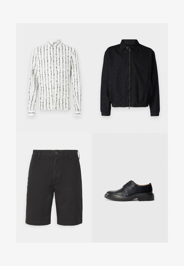 Schwarze Jeansjacke mit Kragen, vorne mit Reißverschluss, elastischem Saum und Bündchen sowie seitlichen Taschen. Sauberes Design ohne sichtbare Logos.; Weißes Hemd mit Knöpfen und schwarzen vertikalen Streifen sowie einem floralen Muster. Lange Ärmel mit geknöpften Manschetten. Hergestellt aus einem leichten Stoff.; Schwarze Baumwollshorts mit Knopfverschluss, flacher Vorderseite, Seitentaschen und gesteppten Säumen. Der Stoff wirkt glatt und matt.; Schwarze Leder-Oxfords mit runder Zehenpartie, Schnürung an der Vorderseite und niedrigem, gestapeltem Absatz vor einem schlichten, hellen Hintergrund.