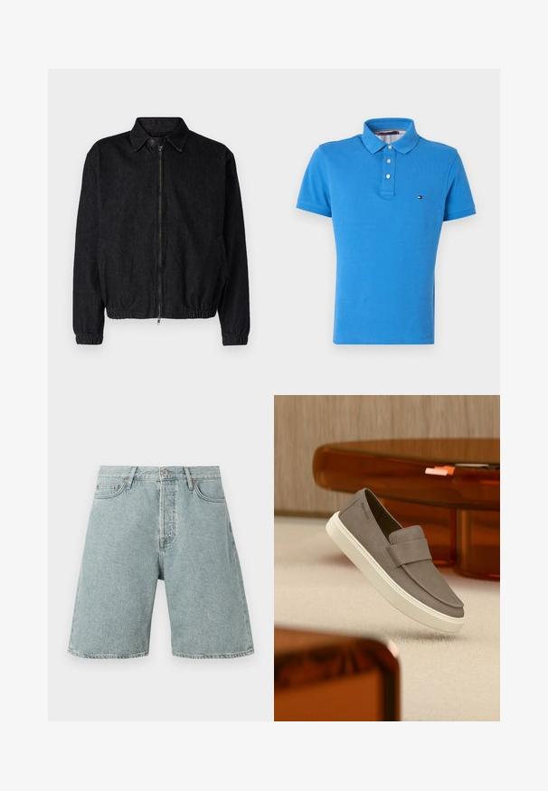 Sort denimjakke med krave, frontlynlås, elastisk kant og manchetter samt sidelommer. Renset design uden synlige logoer.; Blå bomulds polo-shirt med klassisk krave, tre knapper og lille broderet logo på brystet. Korte ærmer, glat tekstur.; Lysblå denim shorts med en afslappet pasform, fem lommer og knaplukning. Slidt udseende med synlige sømdetaljer.; Grå ruskind slip-on sko med hvid sål svævende over beige tæppe, med gennemsigtigt orange møbel i baggrunden.