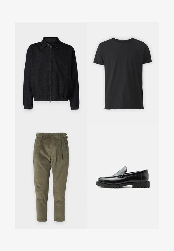 Sort denimjakke med krave, frontlynlås, elastisk kant og manchetter samt sidelommer. Renset design uden synlige logoer.; Sort kortærmet t-shirt lavet af blødt bomuld, med en klassisk rund halsudskæring og en glat tekstur, samt en lige pasform.; Olivengrønne fløjlsbukser med afslappet pasform, der har folder, elastisk talje og tapered ben. Struktureret stof med lodrette ribber.; Sort læderloafer med chunky gummisål, syet overdel og præget mærkenavn på hælen, vist i sideprofil på hvid baggrund.