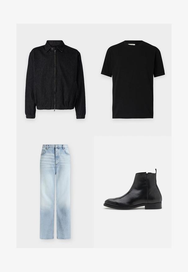 Veste en denim noir avec col, fermeture éclair à l'avant, ourlet et poignets élastiques, et poches latérales. Design épuré sans logos visibles.; T-shirt noir à manches courtes en coton avec un col rond et une coupe ample. Texture lisse, sans motifs ni logos visibles.; Jeans bleu clair taille haute à jambes droites, avec poches avant, passants de ceinture et fermeture par bouton.; Zign by Zalando LEATHER - Bottines - black