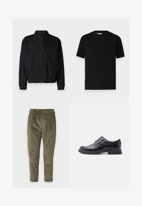 Sort denimjakke med krave, frontlynlås, elastisk kant og manchetter samt sidelommer. Renset design uden synlige logoer.; Sort kortærmet t-shirt lavet af bomuld med rund halsudskæring og løs pasform. Glat tekstur, ingen mønstre eller synlige logoer.; Olivengrønne fløjlsbukser med afslappet pasform, der har folder, elastisk talje og tapered ben. Struktureret stof med lodrette ribber.; Sorte snørestøvler i læder med glat tekstur, rundet tå og diskrete syningsdetaljer. Har en rød trækflig på hælen.