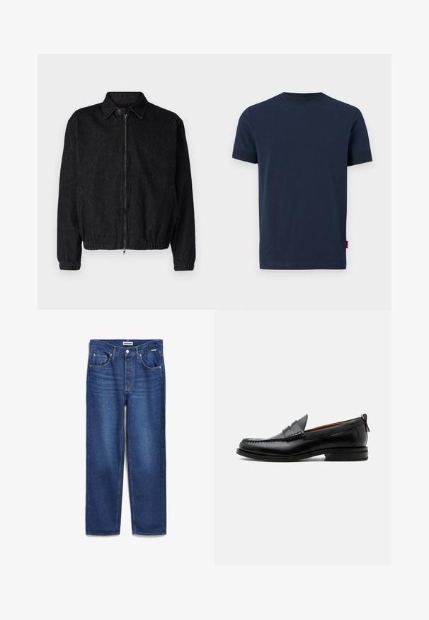 Schwarze Jeansjacke mit Kragen, vorne mit Reißverschluss, elastischem Saum und Bündchen sowie seitlichen Taschen. Sauberes Design ohne sichtbare Logos.; Navyblaue Baumwoll-T-Shirt mit kurzen Ärmeln, Rundhalsausschnitt und einem kleinen roten Etikett-Akzent am unteren linken Saum. Weiche Textur, schlichtes Design.; Denim-Jeans in Dunkelblau, gerades Bein Design mit mittelhohem Bund, fünf Taschen und subtiler Ausbleichung an der Vorderseite.; Schwarzer Leder-Herrenschuh mit Mokassinnaht, Penny-Riemen, strukturiertem Kragen und niedrigem gestapeltem Absatz auf weißem Hintergrund.