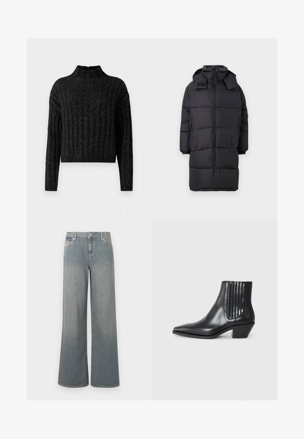 Sort lang polstret frakke med høj krave, hætte, frontlynlås, sidelommer med lynlås og HUGO-logo på den øverste venstre bryst.; Sort chunky strikket sweater med ribbet mønster, lange ærmer og en kort ståkrave.; Lyseblå jeans med brede ben lavet af denim, der har et klassisk design med fem lommer, lynlås- og knaplås samt frynset kant.; Sorte læder ankelstøvle med spids tå, elastiske sidepaneler med lodrette riller og en lav blokhæl. Glat tekstur og slankt design.