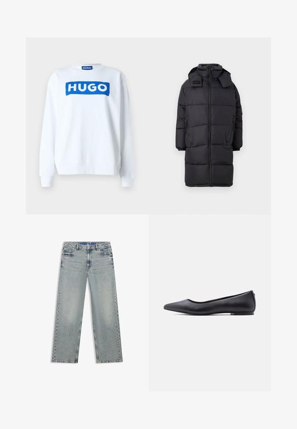 Čierny dlhý padded kabát s vysokým golierom, kapucňou, predným zipsom, bočnými zipsovými vreckami a logom HUGO na hornej ľavej časti hrudníka.; Biely sveter z bavlnenej zmesi s modrým logom "HUGO" na prednej strane, okrúhly výstrih a rebrované manžety a spodný lem.; Svetlomodré džíny s širokými nohavicami z denimu, s vyblednutými miestami, piatimi vreckami a modrým pásom s logom značky.; Čierna kožená balerína s špičatou špičkou a nízkym podpätkom, zobrazená z profilu na bielom pozadí.