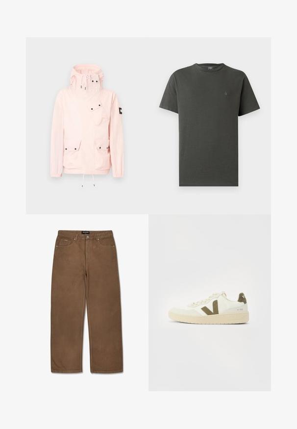 Lyserød hættetrøje med forlommer, sorte trykknapper, snore i hætten og forneden og et sort mærke på venstre ærme.; Mørkegrå bomulds-T-shirt med rund halsudskæring og korte ærmer. Har en lille, diskret logo på øverste venstre bryst. Glat tekstur.; Brune denimbukser med lige ben, der har fem lommer, knaplukning og diskrete syninger langs sømmene.; Beige sneakers med en struktureret stofoverdel, olivengrønne sideaccenter og en kraftig beige sål. Modelnavn "V-90" på hælen.