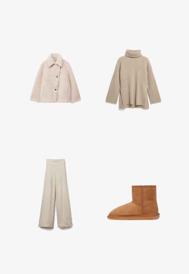 Lys beige fleecejakke med en struktureret overflade, krave og to store knapper foran. Har en firkantet form og dropped shoulders.; Beige rillede turtleneck sweater med en afslappet pasform, der har lange ærmer og en sideslidskant, lavet af et blødt, tekstureret strikstof.; Beige brede bukser med elastisk talje, der har en ribbet tekstur og lige snit, som slutter over anklen.; Tan ruskinds ankelstøvle med rund tå, lodrette sømme og en tekstureret gummisål. Har et logo-accent på bagsiden.