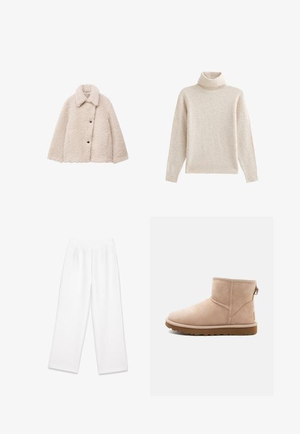 Chaqueta de forro polar de color beige claro con un exterior texturizado, cuello y dos grandes botones en la parte delantera. Presenta una forma cuadrada y hombros caídos.; Suéter beige de cuello alto hecho de una suave tela texturizada. Cuenta con mangas largas, un cuello acanalado y un dobladillo recto. Diseño sencillo.; Pantalones de pierna ancha blancos con una textura suave, que presentan pliegues frontales, cierre con cremallera y trabillas para el cinturón. Sin patrones o acentos visibles.; Botín de ante beige con punta redonda, acentos cosidos y suela de goma marrón texturizada. Presenta una pestaña en la parte trasera.
