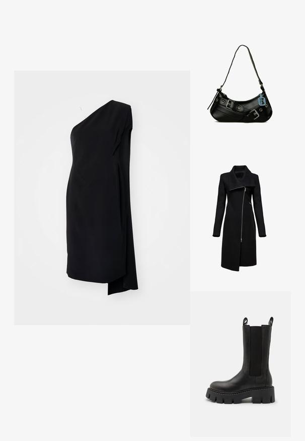Manteau noir avec un col haut et une fermeture éclair asymétrique. Présente des manches longues, des poches latérales et une silhouette droite. Fabriqué à partir d'un matériau texturé.; Robe asymétrique noire à une épaule, en tissu satiné, avec un design drapé et une fente sur le côté pour un détail supplémentaire.; Bottines en cuir noir avec panneaux élastiques sur les côtés, languettes de tirage, semelle crantée épaisse et détails de couture renforcée. La surface a une texture lisse.; Sac à main synthétique noir avec une forme courbée, une bandoulière réglable et des boucles décoratives en métal. Présente une texture lisse et brillante.