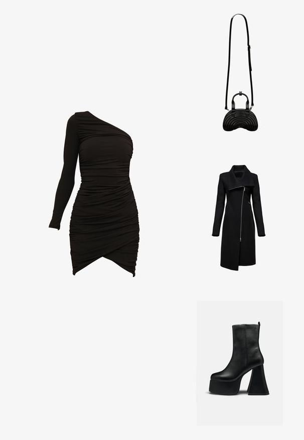 Manteau noir avec un col haut et une fermeture éclair asymétrique. Présente des manches longues, des poches latérales et une silhouette droite. Fabriqué à partir d'un matériau texturé.; Robe noire à une épaule en matériau extensible, dotée de détails froncés et d'un ourlet asymétrique pour une silhouette ajustée.; Bottine en cuir noir avec semelle plateforme épaisse et talon haut large évasé, texture lisse et petit logo près du bord supérieur.; Sac à main noir incurvé avec finition brillante, doubles poignées et longue bandoulière réglable sur fond blanc.