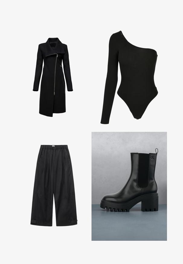 Abrigo negro con cuello alto y cierre de cremallera asimétrico. Presenta mangas largas, bolsillos laterales y una silueta recta. Fabricado con material texturizado.; Bodysuit negro de un solo hombro hecho de tela elástica, con una manga larga en un lado, aberturas de pierna de corte alto y un diseño ajustado.; Pantalones negros de pierna ancha con cintura elástica, bolsillos laterales y pestañas con botones en el bajo.; Botín de cuero negro hasta el tobillo con puntera redonda, suela de plataforma gruesa y acentos de malla en los laterales. Cuenta con una lengüeta para facilitar el calzado.