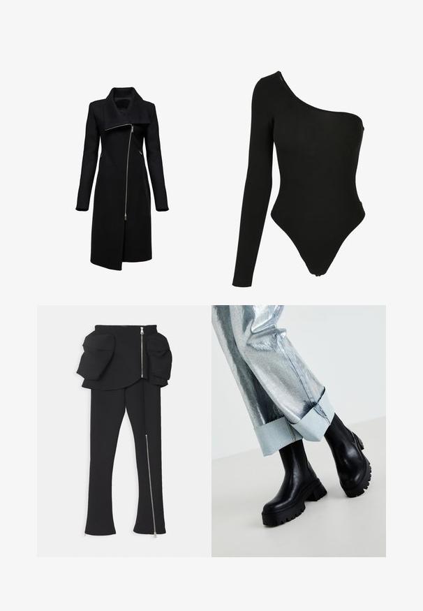 Schwarzer Mantel mit hohem Kragen und asymmetrischem Reißverschluss. Hat lange Ärmel, Seitentaschen und eine gerade Silhouette. Hergestellt aus strukturiertem Material.; Schwarzer One-Shoulder-Bodysuit aus dehnbarem Stoff, mit einem langen Arm auf einer Seite, hochgeschnittenen Beinausschnitten und einer figurschmeichelnden Silhouette.; A.W.A.K.E. MODE BASQUE PANTS WITH ZIPS AND LARGE POCKETS - Stoffhose - black; Schwarze klobige Knöchelstiefel mit strukturierten Sohlen, getragen mit silbernen metallischen Hosen, die einen hellen Denim-Bund umfassen. Minimalistisches Design, elegante Materialien.