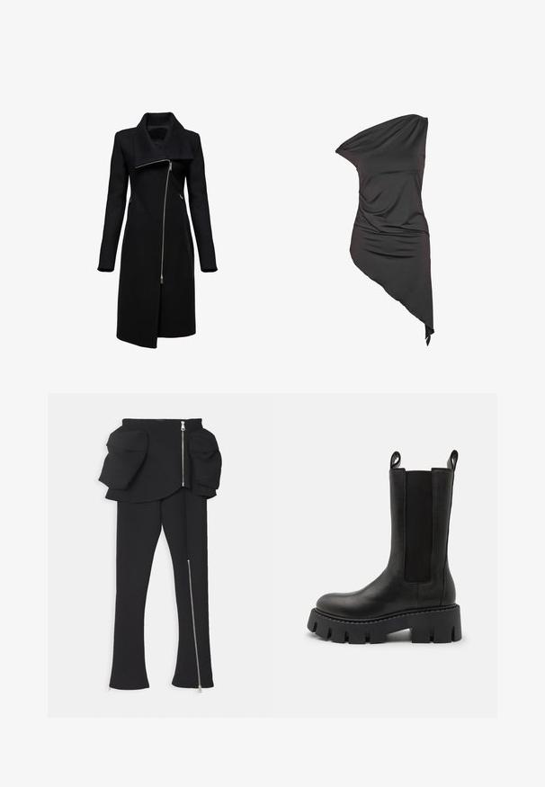 Manteau noir avec un col haut et une fermeture éclair asymétrique. Présente des manches longues, des poches latérales et une silhouette droite. Fabriqué à partir d'un matériau texturé.; Robe noire asymétrique à une épaule avec tissu drapé et ourlet irrégulier, plus longue d'un côté.; A.W.A.K.E. MODE BASQUE PANTS WITH ZIPS AND LARGE POCKETS - Pantalon classique - black; Bottines en cuir noir avec panneaux élastiques sur les côtés, languettes de tirage, semelle crantée épaisse et détails de couture renforcée. La surface a une texture lisse.