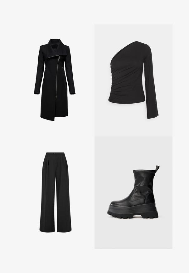 Manteau noir avec un col haut et une fermeture éclair asymétrique. Présente des manches longues, des poches latérales et une silhouette droite. Fabriqué à partir d'un matériau texturé.; Haut asymétrique à manches longues en noir, avec un côté froncé pour une texture et une silhouette ajustée. Fabriqué en matériau doux et extensible.; Pantalon noir taille haute à jambes larges avec des plis à l'avant, une fermeture par bouton à la taille et une finition en tissu lisse.; Bottine en cuir noir avec une semelle en caoutchouc épaisse et texturée, des panneaux latéraux élastiques et une languette à l'arrière pour un enfilage facile.