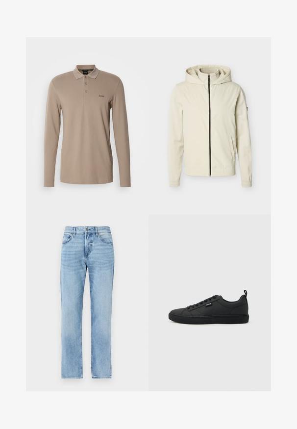 Cremefarbige Kapuzenjacke mit durchgehendem Frontreißverschluss und seitlichen Taschen, vor einfachem Hintergrund präsentiert.; Langarm-Polohemd in hellem Beige, aus glattem Baumwollstoff. Mit einem klassischen Kragen, einer Knopfleiste mit drei Knöpfen und einem gestickten Logo.; Hellblaue Jeans mit geradem Bein, vorderen Taschen, Gürtelschlaufen, Knopf- und Reißverschluss.; Schwarzer Sneaker mit niedrigem Schnitt, Schnürverschluss, flacher Sohle und kleinem "HUGO"-Label an der Seite, im Profil auf hellem Hintergrund gezeigt.