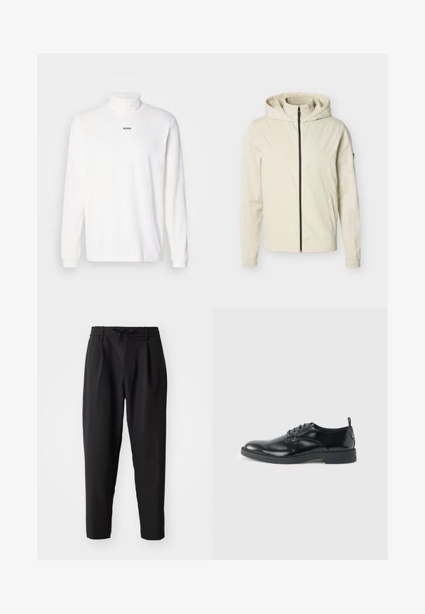 Chaqueta con capucha de color crema, con cremallera completa en la parte delantera y bolsillos laterales, exhibida sobre un fondo liso.; Camisa de cuello alto de manga larga blanca, hecha de una tela suave, con un sutil logo negro "HUGO" en la parte delantera y puños ajustados.; Pantalones negros ajustados con cintura elástica y cordón. Tejido suave con una textura ligera, con pliegues y bolsillos laterales.; Zapato de vestir negro de cuero brillante con tacón bajo, cierre de cordones y puntera redonda, mostrado de lado sobre un fondo claro y liso.