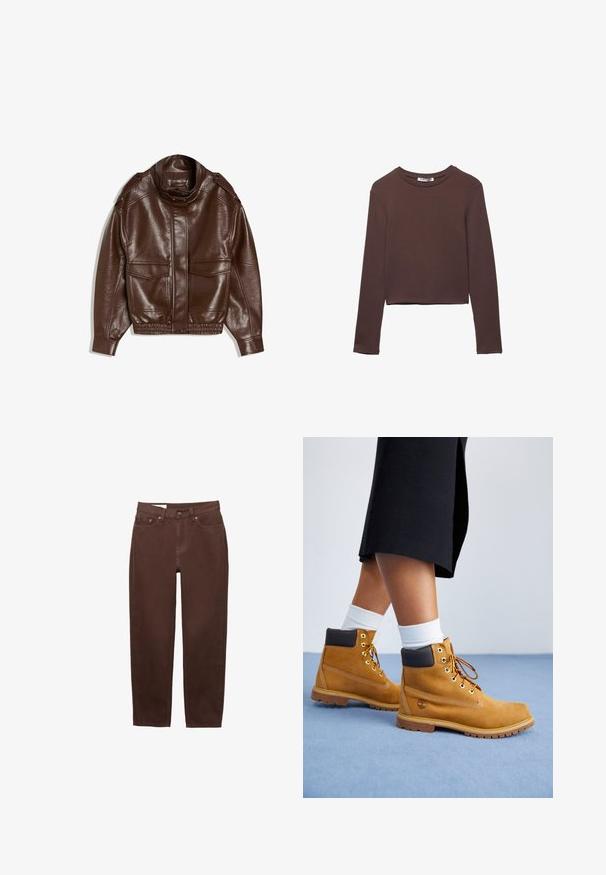 Bruine leren jas met een hoge kraag, ritssluiting, twee frontzakken en elastische zoom. Getextureerde afwerking met subtiele glans.; Bruine langemouwen cropped shirt in een zachte, gladde stof met een ronde halslijn en zonder zichtbare patronen of hardware.; Bruine jeans met rechte pijpen, voorzien van een voorste knoop- en ritsluiting, en een ontwerp met vijf zakken op een witte achtergrond.; Tan suède enkellaarsjes met bruine leren accenten, gouden oogjes en een getextureerde zool. Witte sokken zichtbaar boven de laarsjes.