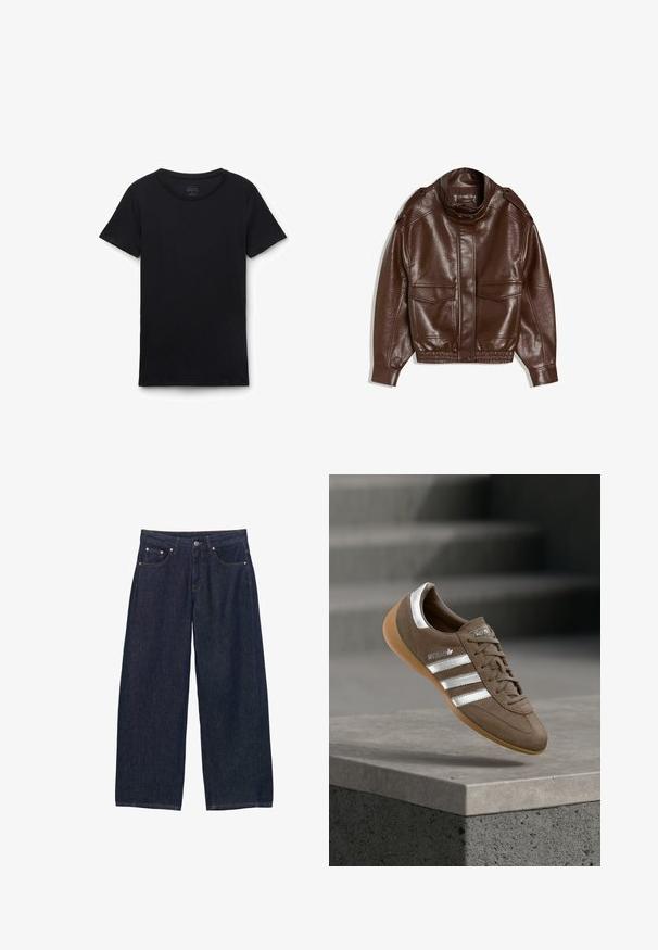 Brun læderjakke med høj krave, lynlås, to forlommer og elastisk kant. Tekstureret finish med diskret glans.; Sort t-shirt med korte ærmer og rund hals lagt fladt på hvid baggrund, der viser forfra og glat stoftekstur.; Mørkeblå denimbukser med brede ben, forlommer, bæltestropper og knaplukning ved taljen.; Brun ruskindssneaker med hvide striber og sølvdetaljer, med tekstureret overdel, snørelukning og gummisål i caramelfarve.