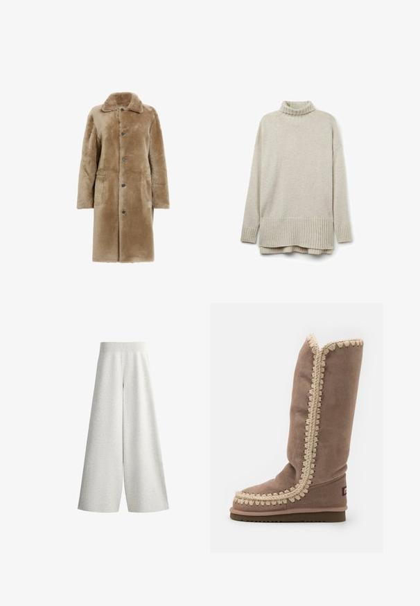 AllSaints SERRA SHEARLING - Wintermantel - brown; Beige gebreide trui met een geribde col, lange mouwen en een zoom met diagonale ribbelstructuur. Zachte textuur en een losse pasvorm.; Lichtgrijze gebreide broek met wijde pijpen, een geribde elastische tailleband en details op de zijpanelen, getoond op een witte achtergrond.; Hoge bruine suède laars met complexe beige stiksels langs de rand, ronde neus en een vlakke zool. Eenvoudig, gestroomlijnd ontwerp.