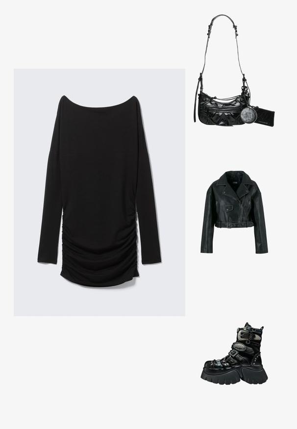 Sort kort faux læder bikerjakke med asymmetrisk lynlås, bred krave, lomme med trykknap og bælte i taljen.; Sort langærmet top med off-shoulder udskæring og detaljer med rynket side. Fremstillet af blødt stof og har en strømlinet silhuet.; Sort platformstøvle med chunky sål, flere teksturerede remme, sølvspænder, dekorative metal accenter og nitte detaljer.; Sort syntetisk læder håndtaske med en buet design, lynlåslomme foran og dekorativ hardware med en aftagelig rund møntpung.