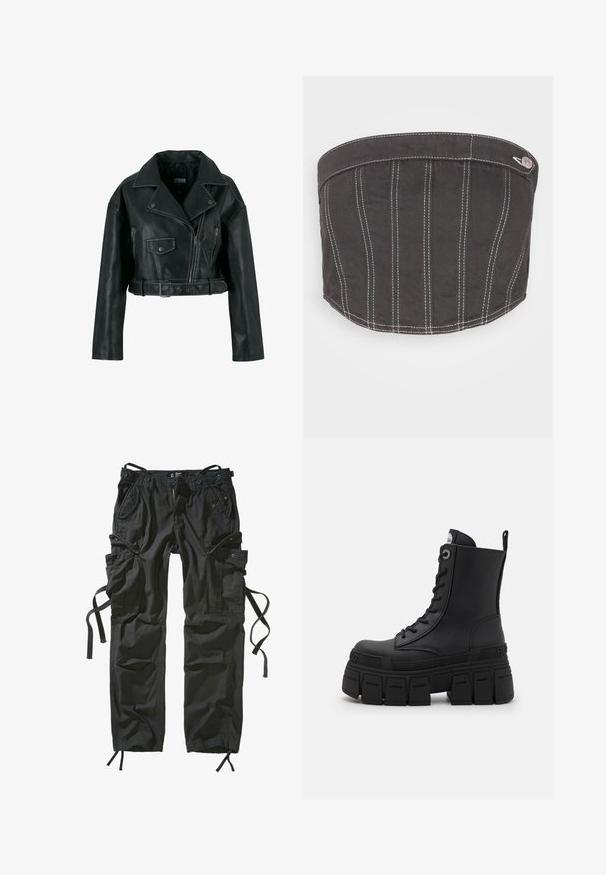 Sort kort faux læder bikerjakke med asymmetrisk lynlås, bred krave, lomme med trykknap og bælte i taljen.; NA-KD CONTRAST STITCHING CORSET - Top - dark grey; Sorte cargo-bukser lavet af letvægtsstof, med flere lommer, snore i siderne og en afslappet pasform med forstærkede syninger.; Buffalo GOSPHER LACE UP MID - Snørestøvletter - black