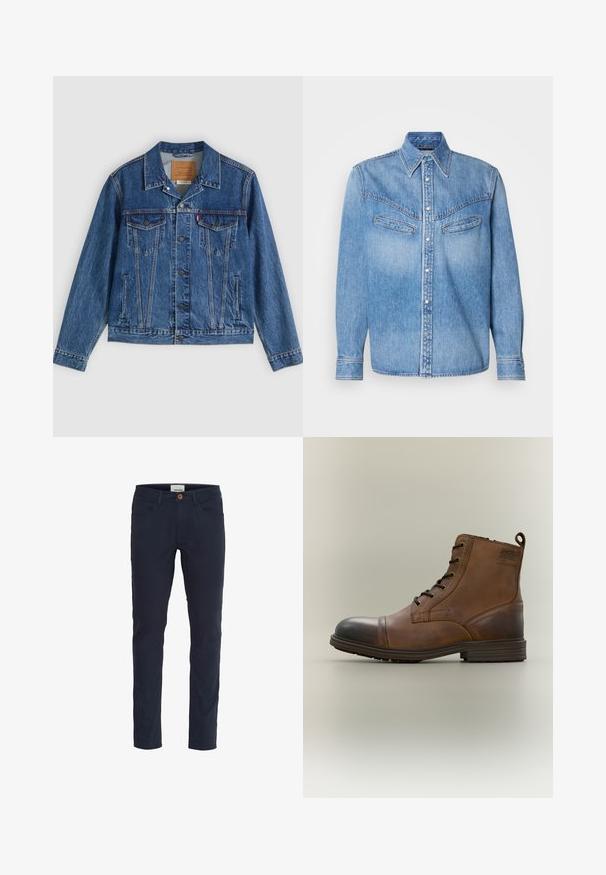 Chaqueta vaquera azul con un diseño clásico, que cuenta con dos bolsillos en el pecho, bolsillos laterales y botones metálicos. Detalles distintivos de costura.; Camisa de mezclilla azul claro con mangas largas, un collar tipo punta, dos bolsillos en el pecho y un cierre de botones en la parte delantera. Presenta botones blancos y costuras en contraste.; Pantalones azul marino hechos de una mezcla de algodón. Diseño ajustado con cinco bolsillos, cierre de botón y una textura suave.; Bota de cuero marrón con cordones hasta el tobillo, puntera negra, suela redonda y detalle de marca en el lateral sobre un fondo liso.