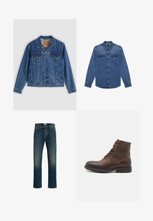 Spijkerjasje in blauw met een klassiek ontwerp, voorzien van twee borstzakken, zijzakken en metalen knopen. Kenmerkende stiksel-details.; Blauw denim overhemd met lange mouwen, knoopsluiting, twee borstzakken en puntige inzetstukken, gebrandmerkt met een klein Lee-label op de rechterzak.; Denim jeans met een gemiddeld blauwe wassing, rechte pijpen, een klassiek vijf-pocket ontwerp en lichte vervaging op de dijen voor textuur.; Jack & Jones JFWDELANEY BOOT - Veterboots - cognac