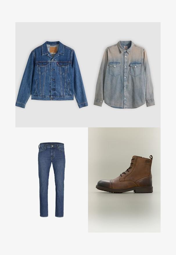 Denimjakke i blå med et klassisk design, der har to brystlommer, sidelommer og metalliske knapper. Karakteristiske syningdetaljer.; Lyseblå, falmet denimskjorte med lange ærmer, krave, knaplukning foran og to brystlommer med knapklap.; Herre blå denim jeans med lige ben-design, fem lommers styling og klassisk knap- og lynlåslukning.; Brun læderstøvle med snørebånd, sort tåhætte, rund sål og mærket detalje på siden mod ensfarvet baggrund.