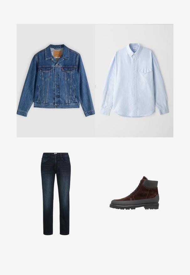 Denimjakke i blå med et klassisk design, der har to brystlommer, sidelommer og metalliske knapper. Karakteristiske syningdetaljer.; Lyseblå skjorte med knapper lavet af blødt stof, med klassisk krave, lange ærmer og en brystlomme med klap.; Mørk vaskede denimjeans med lige ben, der har fem lommer, knaplukning og subtil fading langs lårene.; Brune ruskind ankelstøvler med en sort gummisål og teksturerede læderdetaljer. Har snørebånd og en isoleret krave.