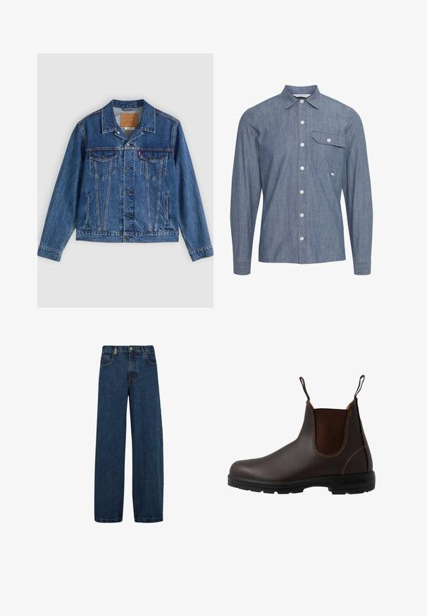 Veste en jean bleue au design classique, comportant deux poches poitrine, des poches latérales et des boutons métalliques. Détails de coutures distinctifs.; Chemise à manches longues, à boutons, en tissu chambray bleu clair. Présente un col, une poche avant et des boutons blancs. Texture lisse avec une coupe décontractée.; Jeans en denim bleu foncé, avec une coupe large, un design à cinq poches et une fermeture classique à bouton avec une fermeture éclair en métal.; Botte Chelsea en cuir marron avec panneau latéral élastique, coutures marron, languettes de tirage, et une semelle en caoutchouc durable avec un motif texturé.