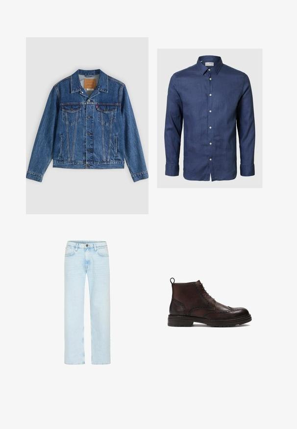Chaqueta vaquera azul con un diseño clásico, que cuenta con dos bolsillos en el pecho, bolsillos laterales y botones metálicos. Detalles distintivos de costura.; Camisa de botones azul marino hecha de tela texturizada. Presenta un cuello clásico, mangas largas y un dobladillo recto con cinco botones en la parte delantera.; Los jeans de denim azul claro cuentan con un diseño de pierna recta, con un cierre de botón clásico, cinco bolsillos y un ligero desgastado para aportar textura.; Botas de tobillo de cuero marrón con detalles de brogue, punta redonda, diseño con cordones y una suela de goma texturizada con una lengüeta en el talón.