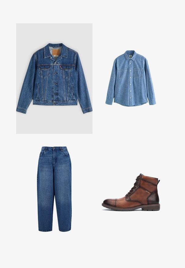 Denimjakke i blå med et klassisk design, der har to brystlommer, sidelommer og metalliske knapper. Karakteristiske syningdetaljer.; Langærmet blå chambray-skjorte med knaplukning foran og to brystlommer, lagt fladt på en hvid baggrund.; Højtaljede straight-leg jeans i mellemblå denim. Har fem-lomme design, metalknap lukning og dobbelt-stitchet kant.; Brune læder- og stof herreankelstøvle med snørebånd, syningsdetaljer, lav hæl og brandlogo på siden.