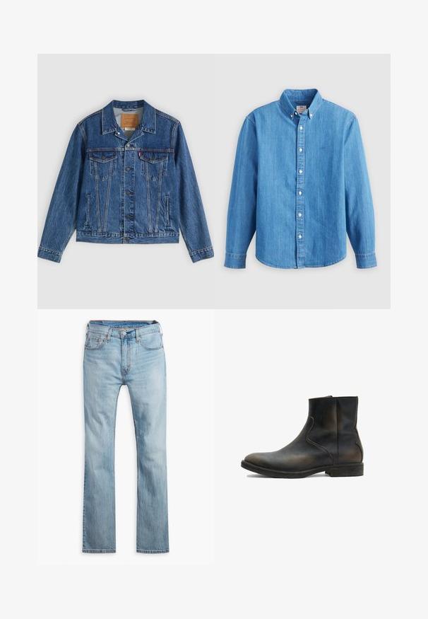 Jeansjacke in Blau mit klassischem Design, ausgestattet mit zwei Brusttaschen, Seitentaschen und metallischen Knöpfen. Markante Steppnähte.; Hellblaues Jeanshemd mit langen Ärmeln, button-down Kragen und weißen Knöpfen. Verfügt über ein kleines besticktes Logo auf der Brust.; Hellblaue Jeans aus Denim, mit geradem Bein, fünf Taschen, kontrastierenden Nähten und einem Knopfverschluss am Bund.; AllSaints LANG - Stiefelette - brown