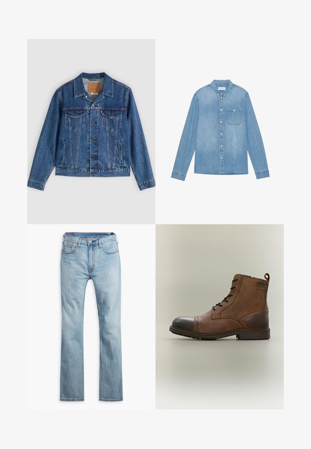 Denimjakke i blå med et klassisk design, der har to brystlommer, sidelommer og metalliske knapper. Karakteristiske syningdetaljer.; Lys blå denim skjorte med knapper, lange ærmer, spids krave, en enkelt brystlomme og subtil falmning på stoffet.; Lyseblå denim jeans, lige pasform, med fem lommer, kontrastsyning og knaplukning i taljen.; Brun læderstøvle med snørebånd, sort tåhætte, rund sål og mærket detalje på siden mod ensfarvet baggrund.