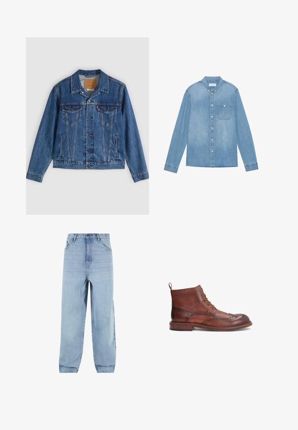 Spijkerjasje in blauw met een klassiek ontwerp, voorzien van twee borstzakken, zijzakken en metalen knopen. Kenmerkende stiksel-details.; Lichtblauw denim overhemd met knopen, lange mouwen, spitse kraag, één borstzak en subtiele vervaging op de stof.; Lichtblauwe denim jeans met een losse pasvorm, hoge taille en vijf zakken. Voorzien van riemlussen en een knoopsluiting. Glad textuur.; Bruine leren laars met decoratieve brogue-details, ronde neus, veterontwerp en een lage gestapelde hak. Inclusief een achterste treklus.