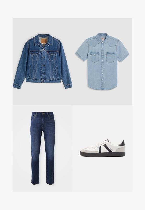 Veste en jean bleue au design classique, comportant deux poches poitrine, des poches latérales et des boutons métalliques. Détails de coutures distinctifs.; Chemise en denim bleu clair à manches courtes avec empiècement pointu, deux poches poitrine et boutons-pression nacrés. Texture douce et coupe décontractée.; Jean en denim bleu foncé avec une coupe droite, comprenant un design classique à cinq poches et un fermoir à bouton en métal. Détails de décoloration subtils sur le tissu.; Baskets blanches avec des accents noirs et gris, présentant un embout texturé gris, une semelle en caoutchouc noir et des lacets plats blancs. Design épuré, style minimaliste.