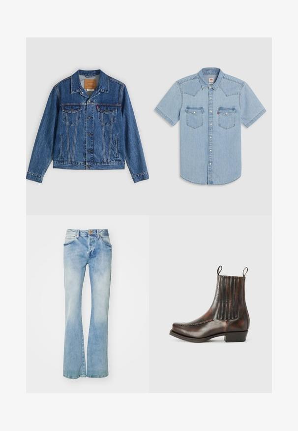 Veste en jean bleue au design classique, comportant deux poches poitrine, des poches latérales et des boutons métalliques. Détails de coutures distinctifs.; Chemise en denim bleu clair à manches courtes avec empiècement pointu, deux poches poitrine et boutons-pression nacrés. Texture douce et coupe décontractée.; Jean flare bleu clair en denim, présentant un délavage, des poches avant, des passants de ceinture et une fermeture à bouton en cuivre.; Bottine en cuir marron avec une finition lisse, des panneaux élastiques sur les côtés, un bout rond, des coutures décoratives et un petit talon carré.