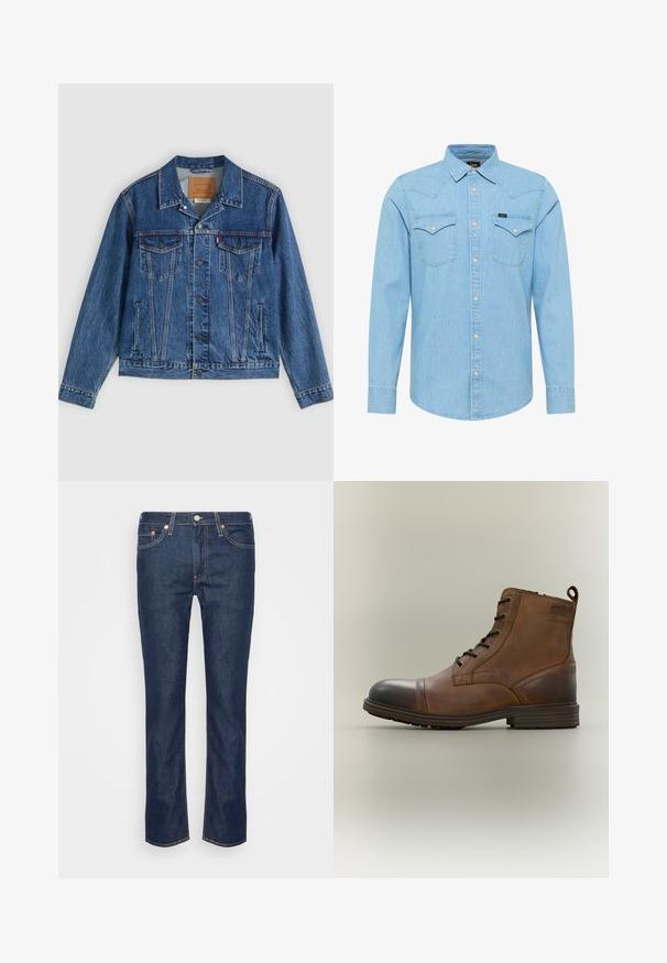 Veste en jean bleue au design classique, comportant deux poches poitrine, des poches latérales et des boutons métalliques. Détails de coutures distinctifs.; Chemise en denim bleu clair à manches longues avec fermeture à boutons, deux poches poitrine à boutons, col pointu et petit logo Lee sur la poche gauche.; Jean en denim droit bleu foncé avec des coutures orange, cinq poches, et une fermeture à bouton et à zip à l'avant.; Botte cheville en cuir marron à lacets avec bout noir, semelle ronde et détail de marque sur le côté sur fond uni.