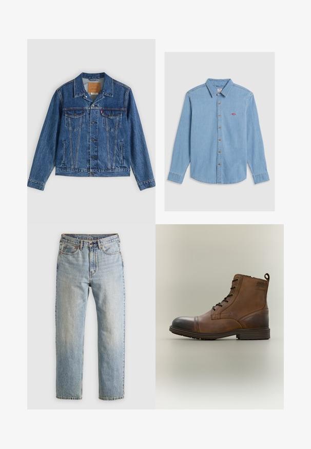 Chaqueta vaquera azul con un diseño clásico, que cuenta con dos bolsillos en el pecho, bolsillos laterales y botones metálicos. Detalles distintivos de costura.; Camisa de mezclilla azul claro con mangas largas, cierre de botones en el frente y cuello puntiagudo. Presenta botones marrones y un pequeño parche de logo rojo.; Jeans de mezclilla azul claro de cintura alta, con botón frontal, cremallera y diseño de cinco bolsillos, dispuestos sobre un fondo neutro.; Bota de cuero marrón con cordones hasta el tobillo, puntera negra, suela redonda y detalle de marca en el lateral sobre un fondo liso.