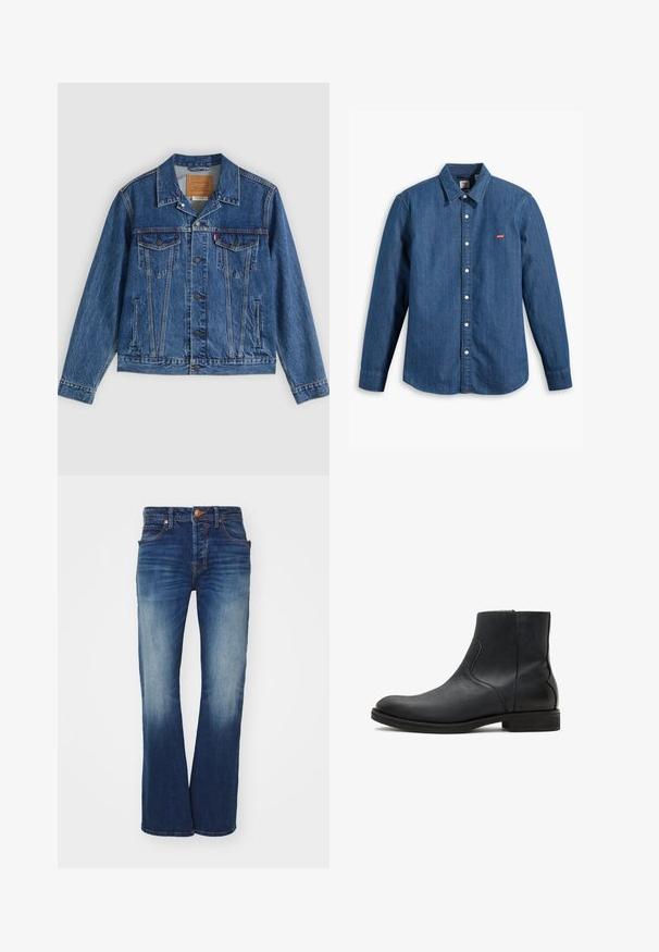 Veste en jean bleue au design classique, comportant deux poches poitrine, des poches latérales et des boutons métalliques. Détails de coutures distinctifs.; Chemise en denim bleu foncé à manches longues, avec col et fermeture à boutons. Présente un petit logo rouge Levi's sur la poitrine. Texture lisse.; Jean en denim bleu avec une coupe évasée, cinq poches et une fermeture à bouton en laiton. Présente un léger délavage et des coutures contrastées.; AllSaints LANG - Bottines - black