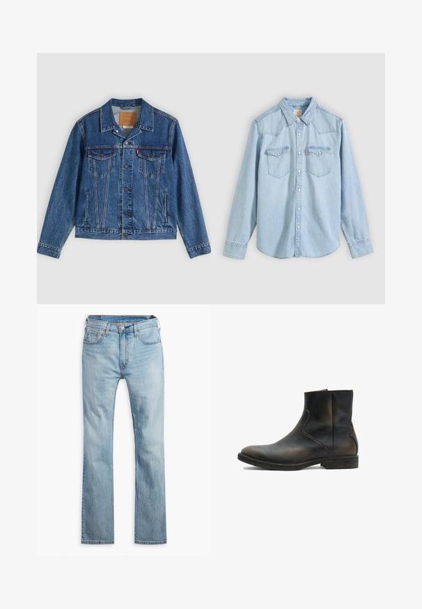 Jeansjacke in Blau mit klassischem Design, ausgestattet mit zwei Brusttaschen, Seitentaschen und metallischen Knöpfen. Markante Steppnähte.; Hellblaues Jeanshemd mit langen Ärmeln, durchgehender Knopfleiste, zwei Brusttaschen mit Knopflaschen und spitzem Kragen vor einfarbigem Hintergrund.; Hellblaue Jeans aus Denim, mit geradem Bein, fünf Taschen, kontrastierenden Nähten und einem Knopfverschluss am Bund.; AllSaints LANG - Stiefelette - brown