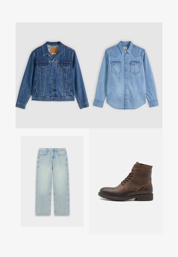 Jeansjacke in Blau mit klassischem Design, ausgestattet mit zwei Brusttaschen, Seitentaschen und metallischen Knöpfen. Markante Steppnähte.; Hellblaues Jeanshemd mit langen Ärmeln, spitzem Kragen, zwei Brusttaschen mit Klappen und weißen Druckknöpfen vorne.; Helle blaue, hochtaillierte Jeans mit geradem Bein, verblasster Textur und klassischem Fünf-Taschen-Design.; Jack & Jones JFWDELANEY BOOT - Schnürstiefelette - cognac