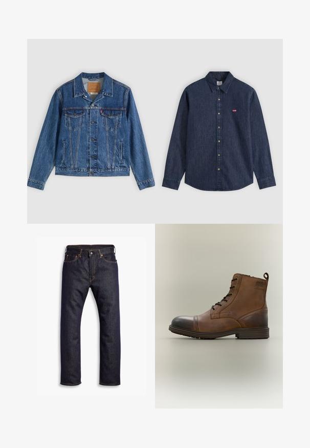 Spijkerjasje in blauw met een klassiek ontwerp, voorzien van twee borstzakken, zijzakken en metalen knopen. Kenmerkende stiksel-details.; Donkerblauw denim overhemd met lange mouwen, knoopsluiting, puntkraag en klein rood Levi's-logo op de linkerborst.; Donkerblauwe recht gesneden denim jeans met vijf zakken en oranje contrasterende stiknaden, plat gelegd op een witte achtergrond.; Bruine leren enkellaars met veters, zwarte neuskap, ronde zool en merkdetail aan de zijkant tegen een effen achtergrond.