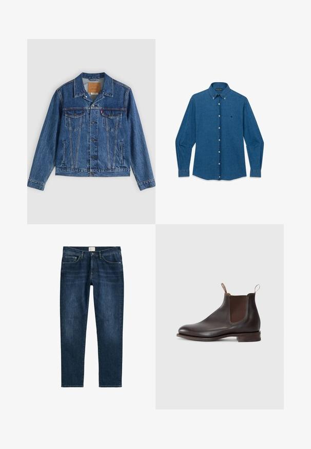 Jeansjacke in Blau mit klassischem Design, ausgestattet mit zwei Brusttaschen, Seitentaschen und metallischen Knöpfen. Markante Steppnähte.; Blaues Jeanshemd mit langen Ärmeln, durchgehender Knopfleiste, spitzem Kragen und kleinem, gesticktem Logo auf der linken Brust.; Dunkelblaue Denim-Jeans mit geradem Bein, fünf Taschen, Gürtelschlaufen und dezentem Verblassen. Der Stoff hat eine glatte Textur.; Braune Leder-Chelsea-Stiefel mit elastischen seitlichen Einsätzen, Zugschlaufe, abgerundetem Zehenbereich und niedrigem, gestapeltem Absatz. Glatte Textur, minimalistisches Design.
