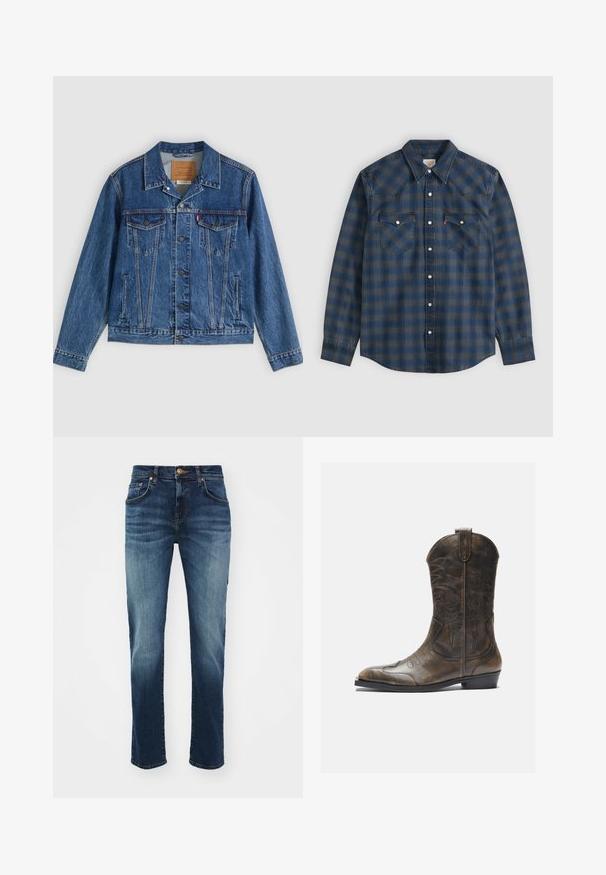 Veste en jean bleue au design classique, comportant deux poches poitrine, des poches latérales et des boutons métalliques. Détails de coutures distinctifs.; Chemise à carreaux bleue et grise à manches longues avec col pointu et deux poches poitrine à boutons sur le devant.; Jean en denim bleu foncé avec une légère décoloration, design à cinq poches, fermeture à boutons, coupe droite, et ourlet renforcé.; Botte de cow-boy en cuir marron avec un long tige, un bout pointu, des motifs de couture complexes et un petit talon. Finition texturée tout au long.