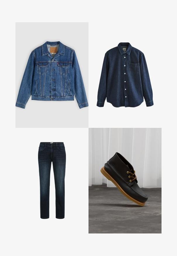 Jeansjacke in Blau mit klassischem Design, ausgestattet mit zwei Brusttaschen, Seitentaschen und metallischen Knöpfen. Markante Steppnähte.; Dunkelblaues Jeans-Langarmhemd mit Knopfleiste, Kragen und einer einzelnen Brusttasche, dargestellt vor weißem Hintergrund.; Dunkelblaue Denim-Jeans mit geradem Bein, ausgestattet mit fünf Taschen, einem Knopfverschluss und dezentem Verblassen an den Oberschenkeln.; Schwarze Lederschuhe mit glatter Oberfläche, runder Zehenform, braunen Schnürsenkeln und hellbraunen Gummisohlen. Logo an der Seite geprägt.